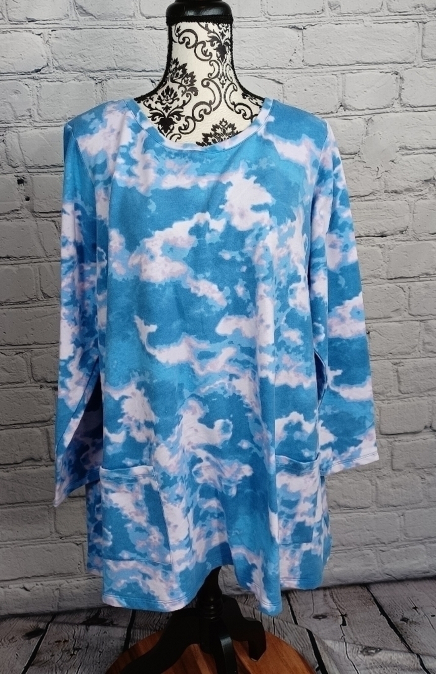 Logo women's long sleeve stretch knit geometric print top pockets size 3x bb16